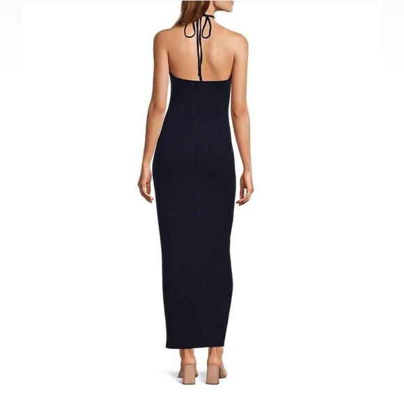 1. State Women’s Ribbed High Slit Halter Neckline Smocked Back Maxi Sz S Navy - Picture 2 of 8